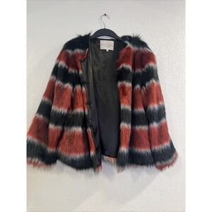 Rachel Roy Red Black Striped Faux Fur Jacket Size XL